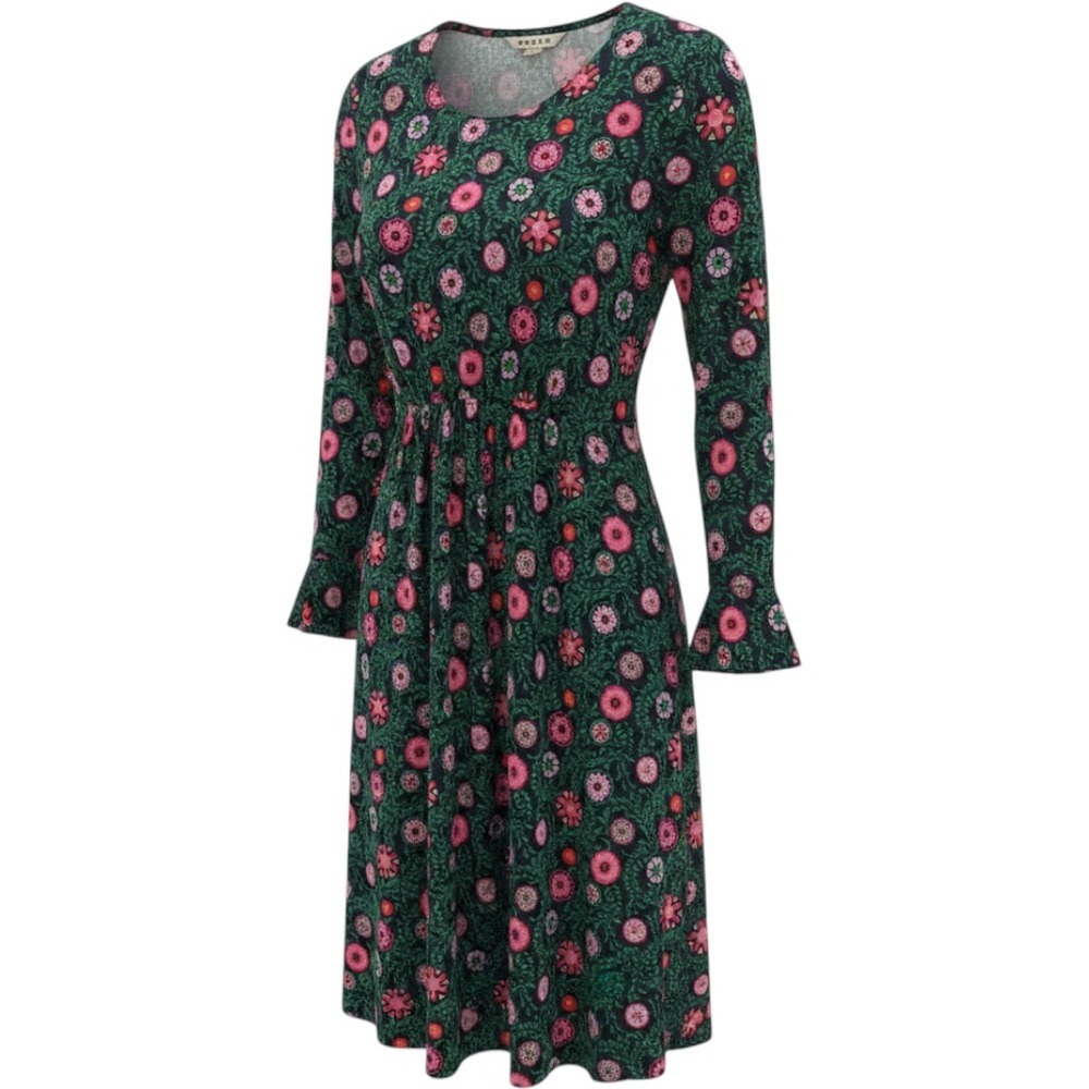 Boden Floral Midi Dress Womens 6L Navy Pink Green  Long Sleeve Flounce